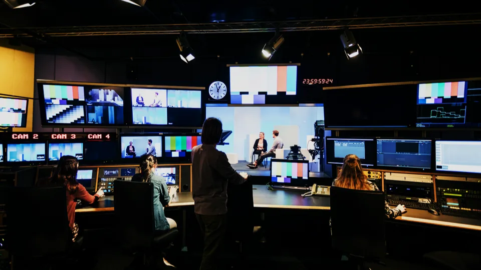 A television studio control room during a broadcast